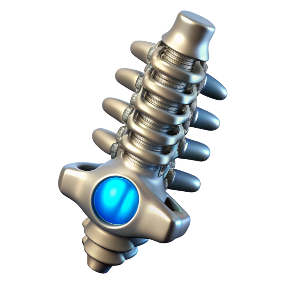 tranquil enchanting Cybernetic spine implant, metallic vertebrae, glowing core with Transparent Background expertly shot png