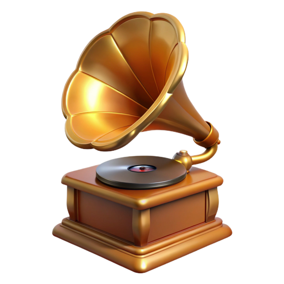 signature surreal Photorealistic, hyper-specific professional render of a single, antique gramophone, isolated cutout with Transparent Background elite png