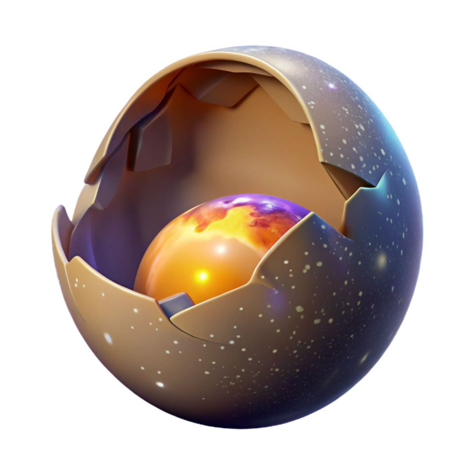 sought-after avant-garde Ultra-detailed, professional render of a solitary, levitating, cracked, eggshell, with a miniature, glowing galaxy visible inside with Transparent Background impeccable png