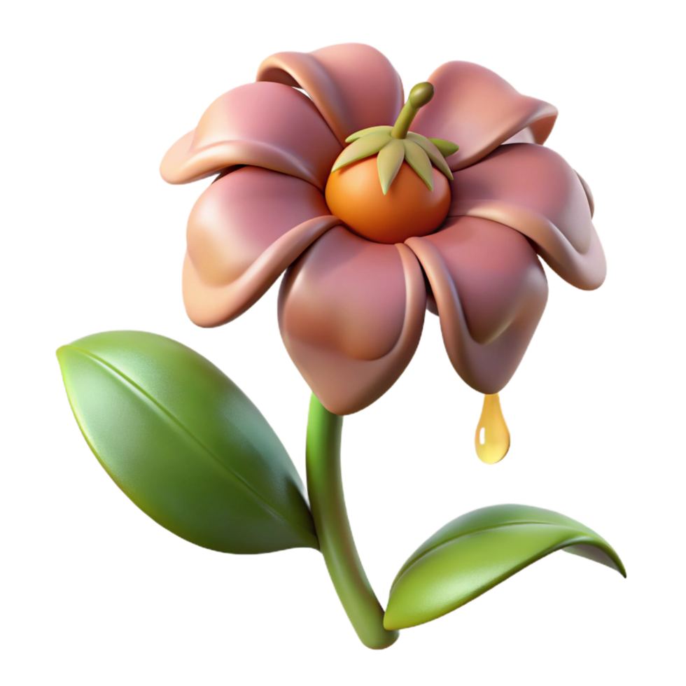 stunning rustic Hyper-specific, photorealistic render of a single, wilted flower with drooping petals and browning leaves Isolated cutout with Transparent Background fine detail png