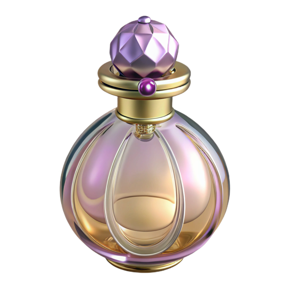 playful elegant Professional render, isolated cutout, hyper-specific Art Nouveau perfume bottle, delicate glass, floral stopper with Transparent Background exclusive png