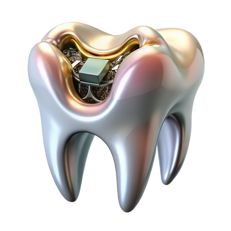mysterious gorgeous Professional render of a biomechanical tooth, metallic enamel, exposed root system, internal circuitry, isolated cutout with Transparent Background premium png