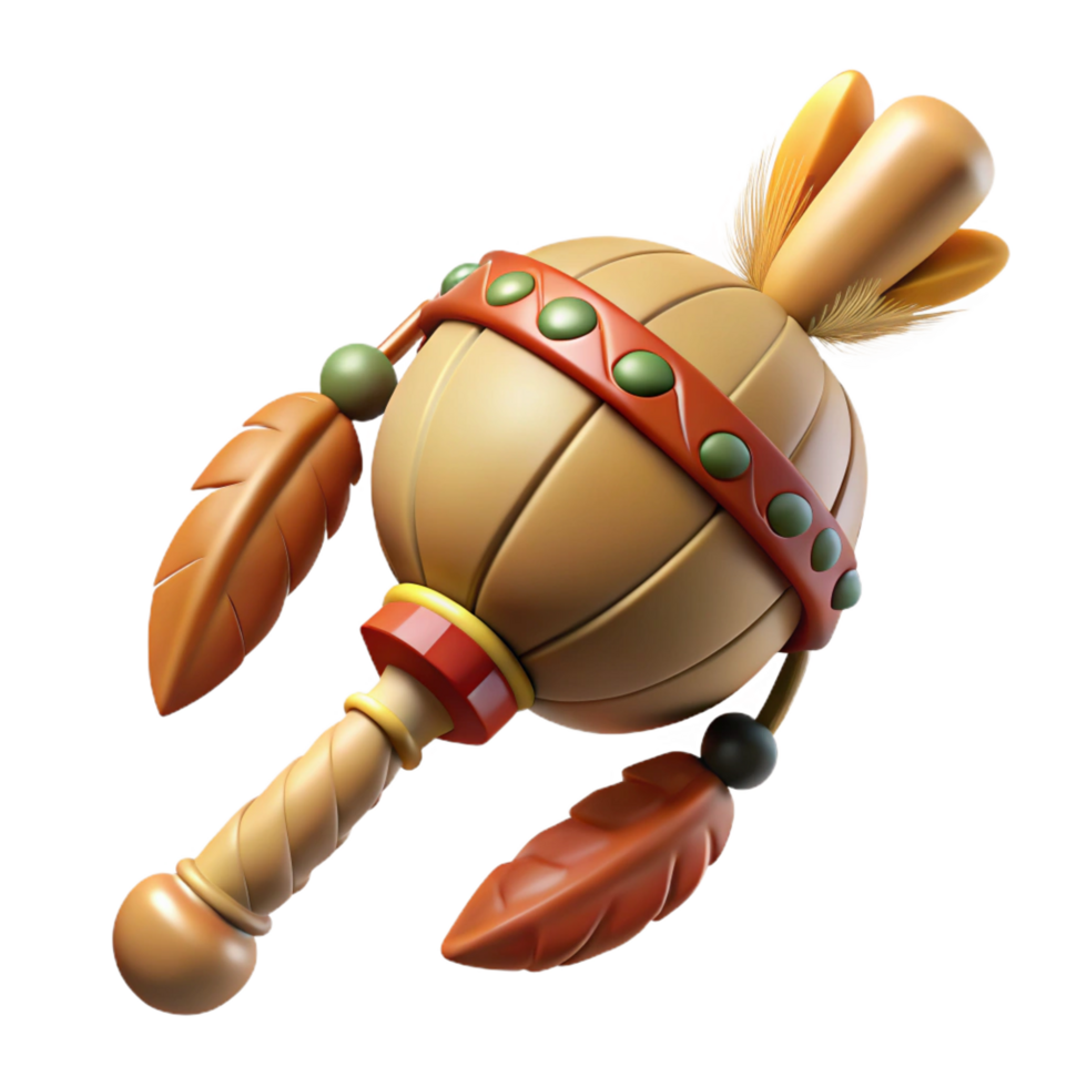 sought-after classic Concept art style, isolated cutout, tribal shaman's ceremonial rattle, carved bone, feathers, beads, leather wrapping with Transparent Background luxury png
