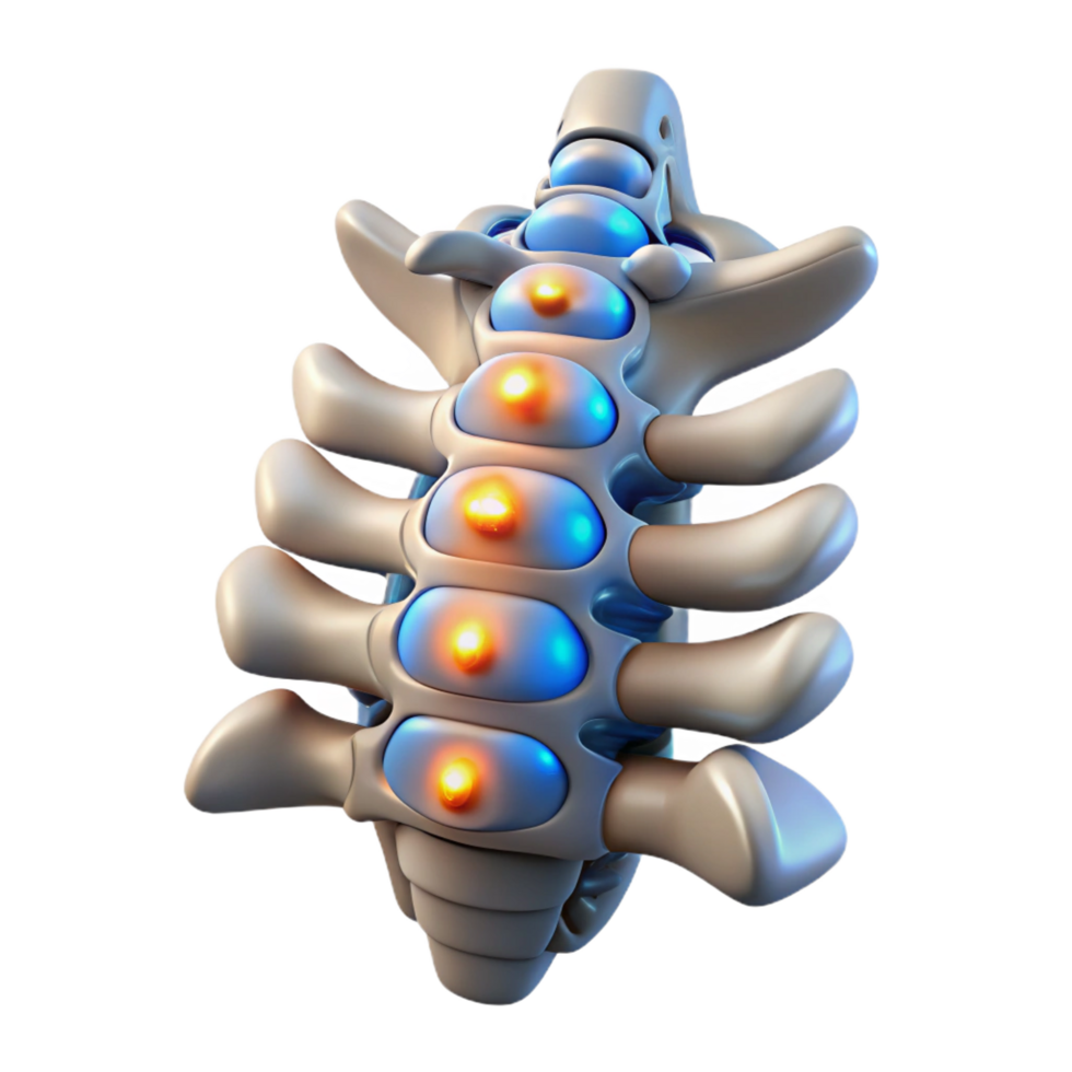 vibrant standout Hyper-specific photorealistic biomechanical spine, vertebrae with integrated circuitry, glowing nodes, titanium alloy, isolated cutout with Transparent Background png