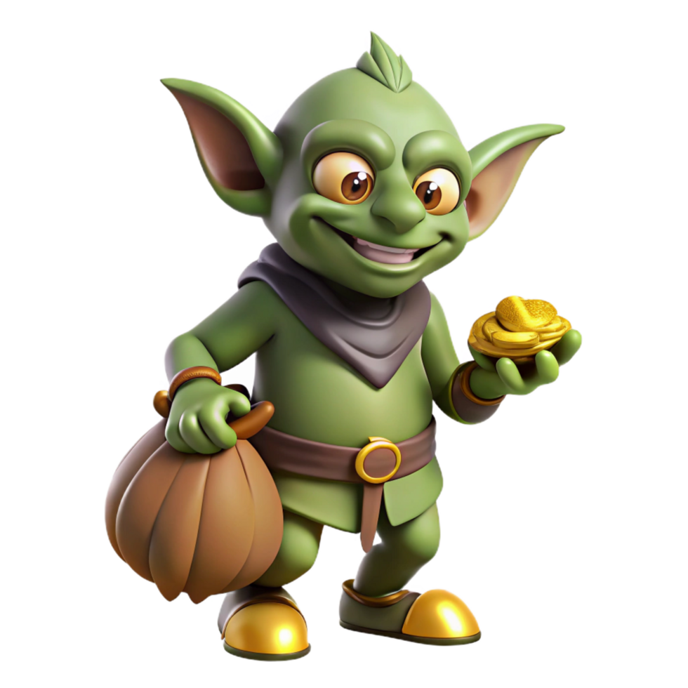 mesmerizing mid-century A cartoon goblin, mischievous expression, holding a sack of gold with Transparent Background museum quality png