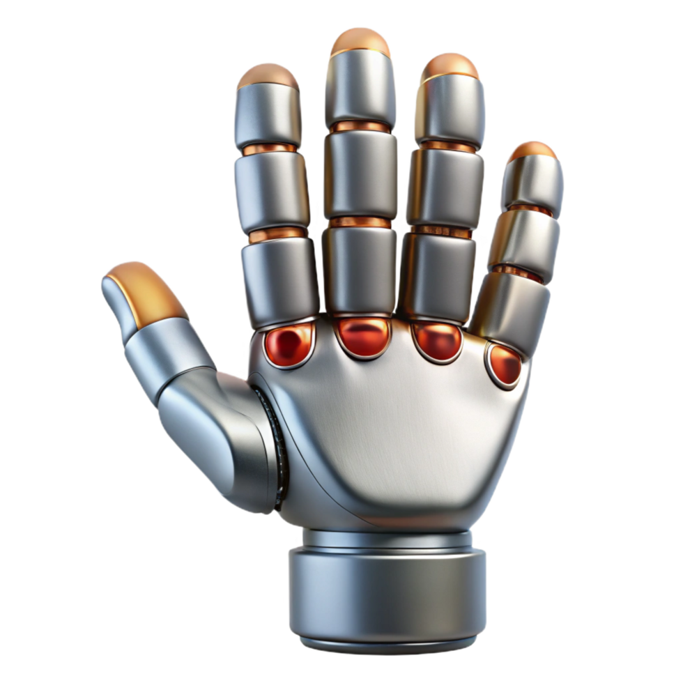 peaceful magnificent Hyper-specific, concept art style render Isolated cutout of a robotic hand with articulated fingers and a chrome finish with Transparent Background sharp png