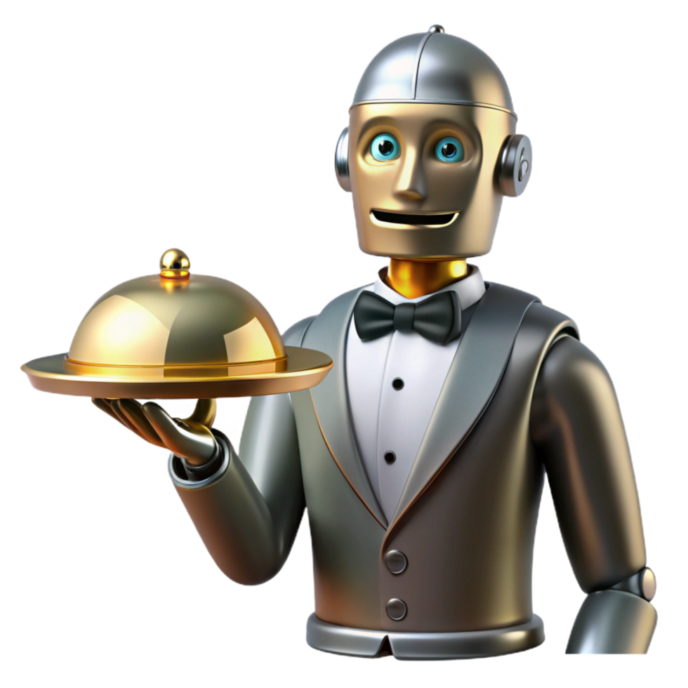 unparalleled retro Professional render, photorealistic, isolated cutout A silver and gold Art Deco robot butler holding a serving tray with Transparent Background high quality png