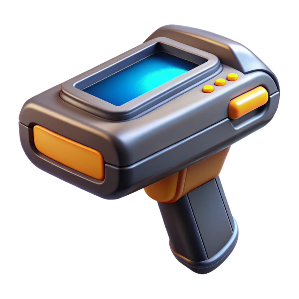 quintessential avant-garde Photorealistic, ultra-detailed, professional render, isolated cutout of a futuristic, handheld scanner device with a small display with Transparent Background genuine png