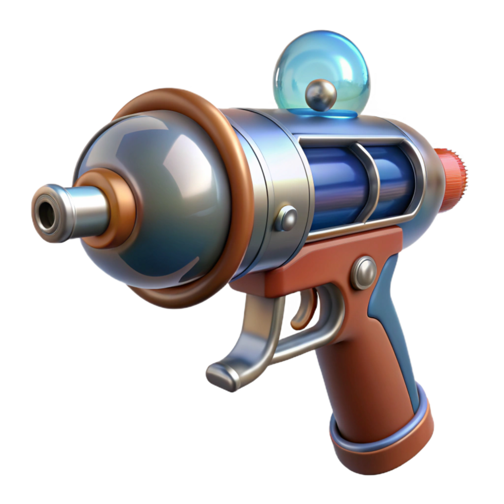 nostálgico magnífico retro raio pistola, cromada e madeira terminar, bolha câmara poder fonte com transparente fundo elite png