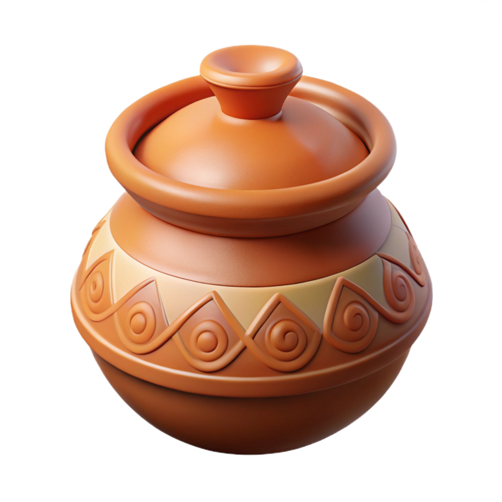 harmonious serene Isolated cutout hyper-specific concept art style professional render of a tribal woman's clay cooking pot decorated with incised patterns with Transparent Background professional png