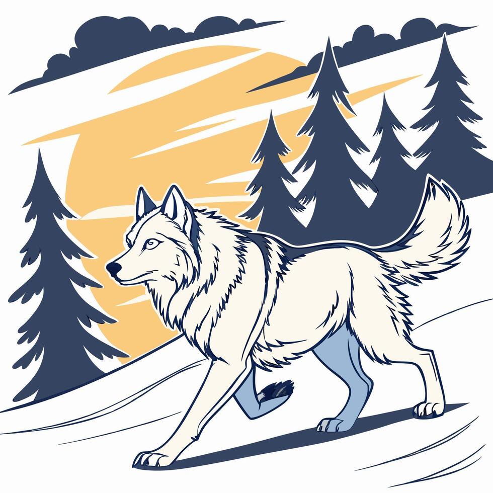 White Wolf Walking in Snowy Forest vector