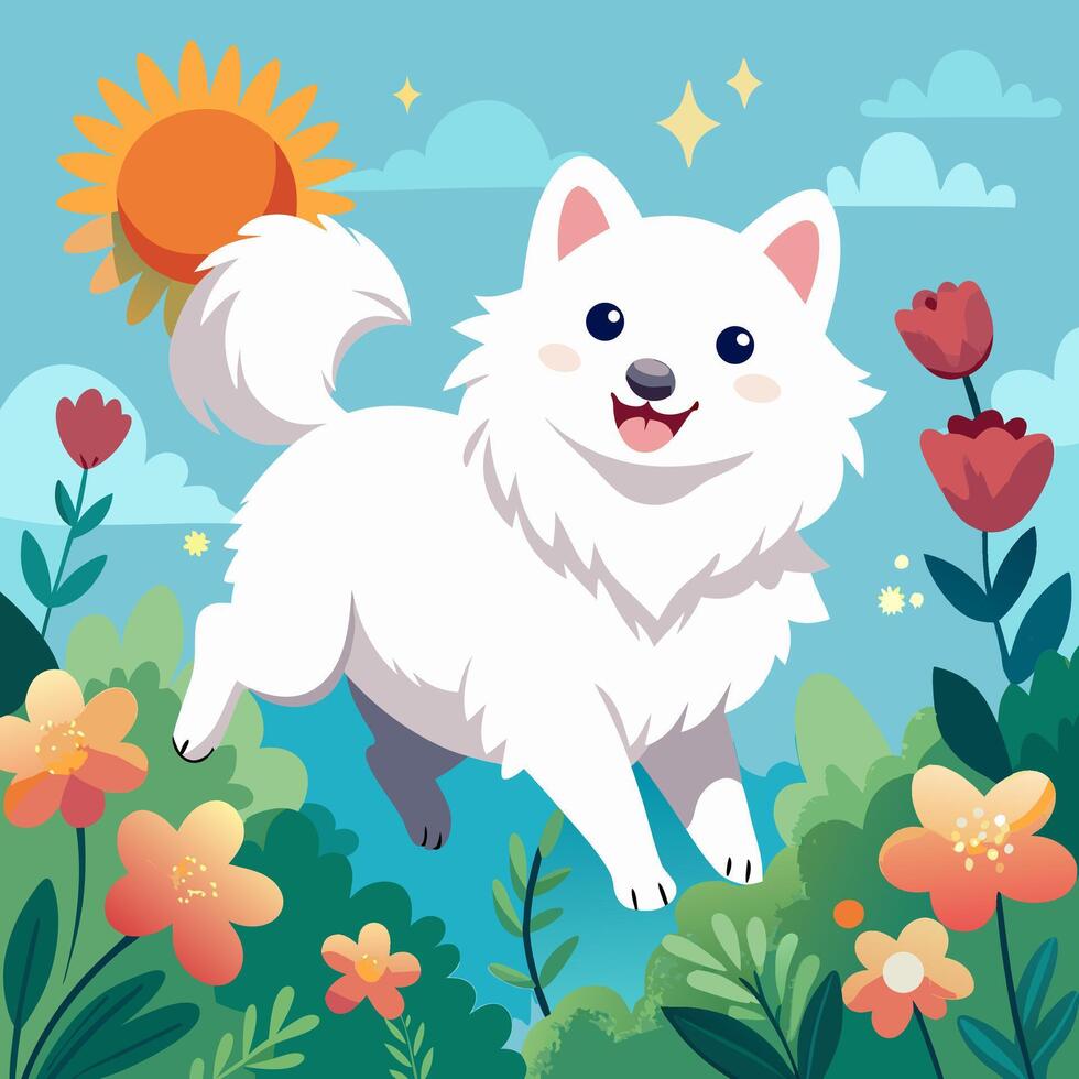Happy White Dog in Spring Flowers vector