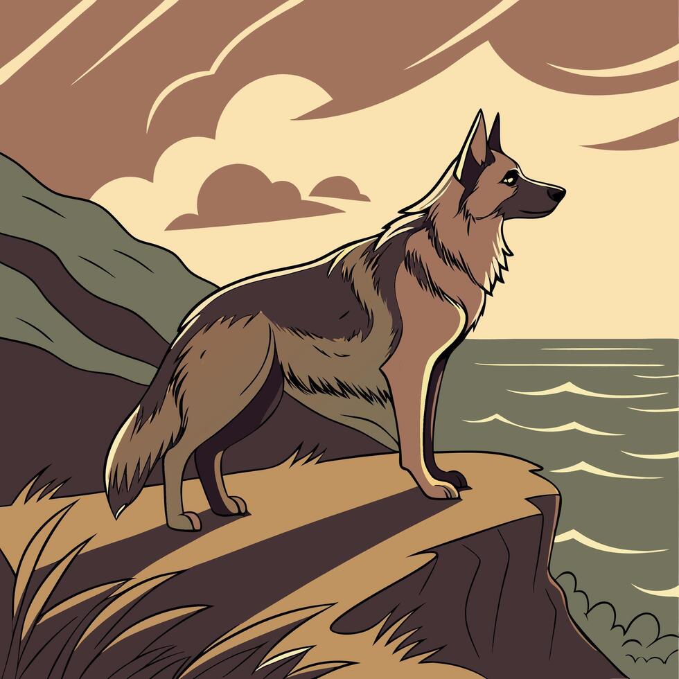 German Shepherd Dog on Cliff, Ocean View vector