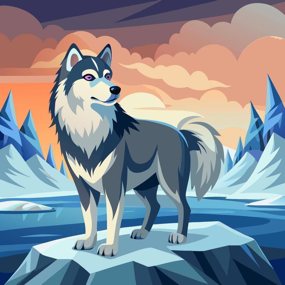 Husky Dog on Snowy Mountain at Sunset vector