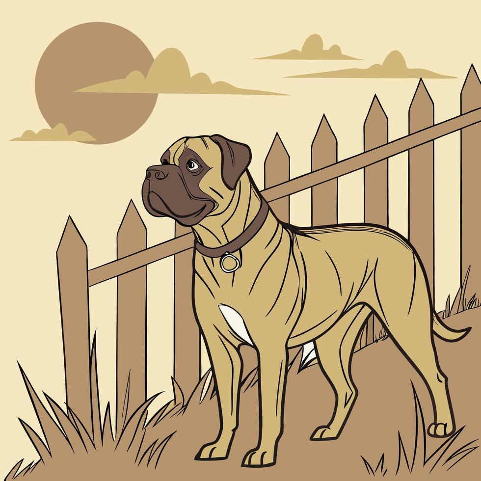 Mastiff Dog by Wooden Fence vector