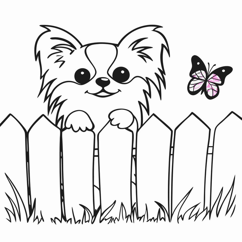 Cute Puppy Behind Fence with Butterfly vector