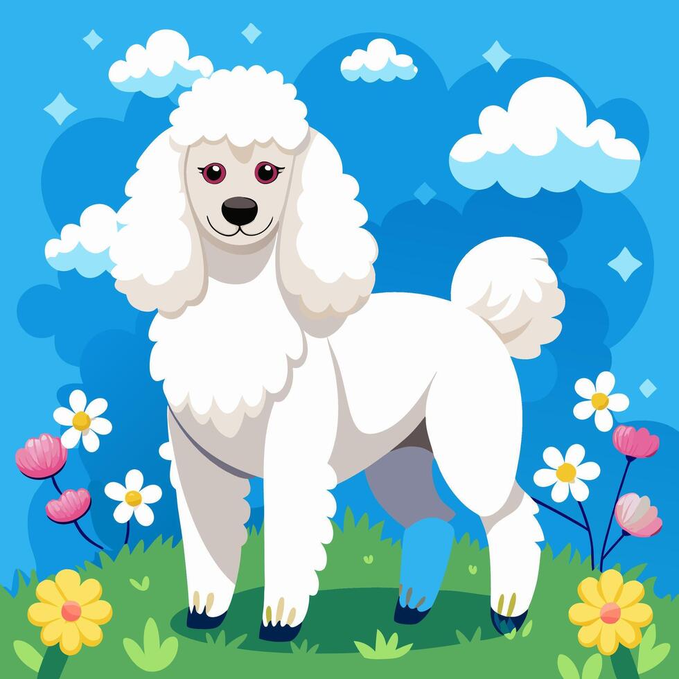 White Poodle Dog in Spring Meadow vector