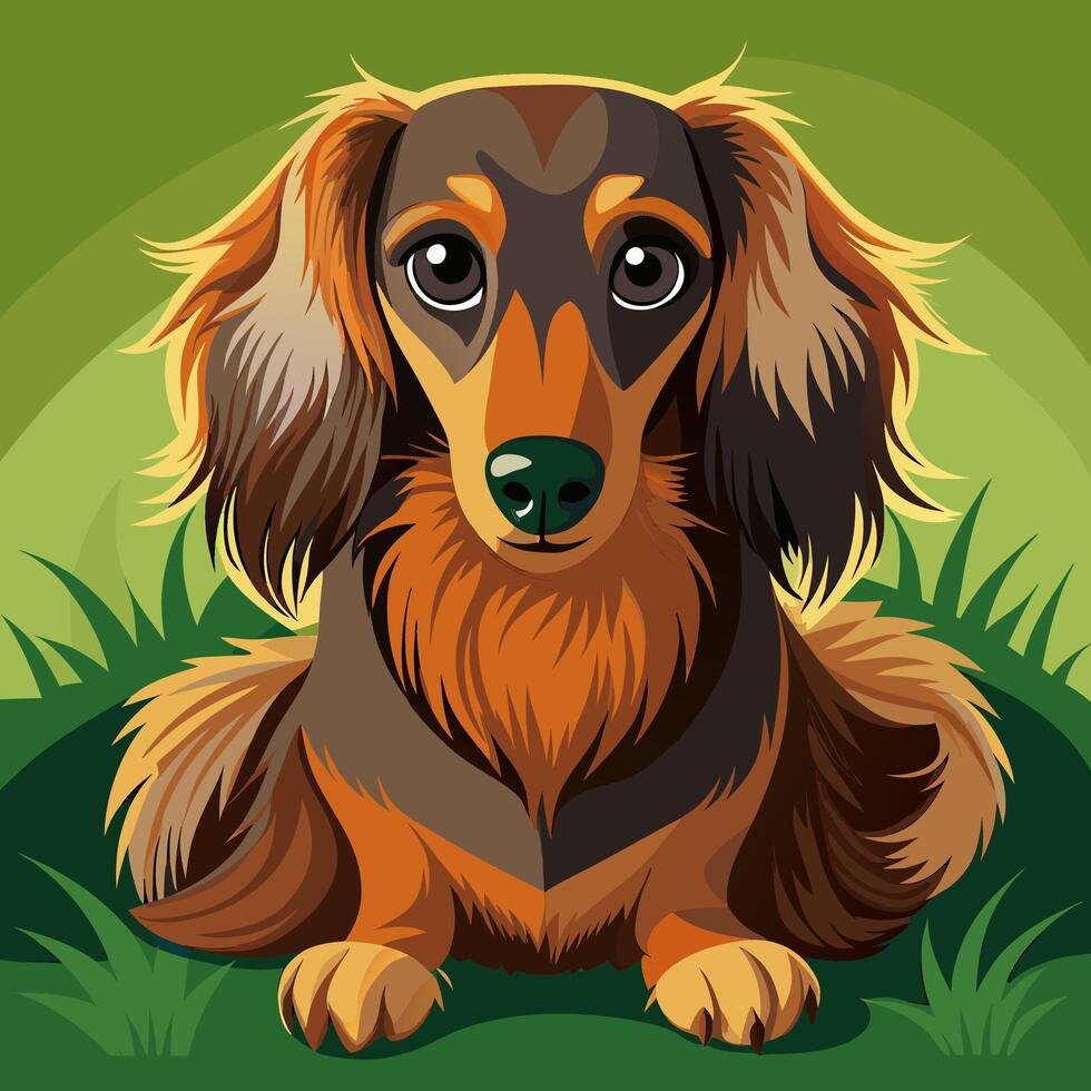 Longhaired Dachshund Dog in Grass vector