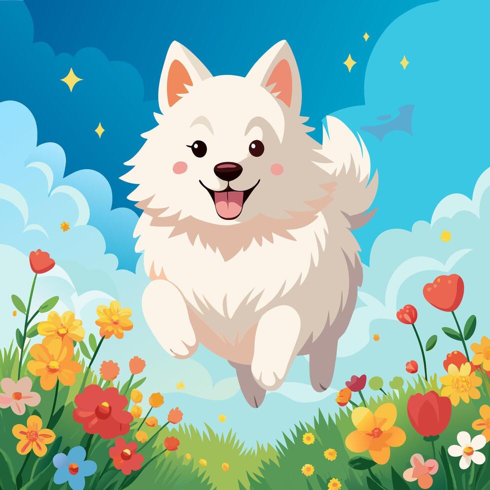 Cute White Puppy Jumping in Flowers vector