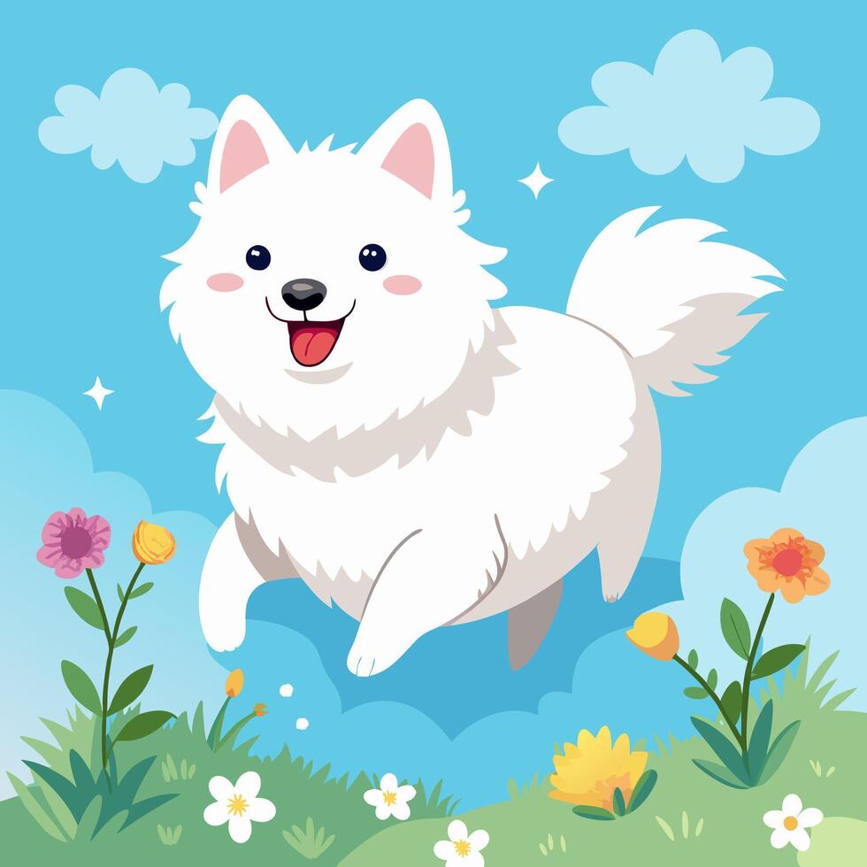 Cute White Puppy Running in Flower Field vector