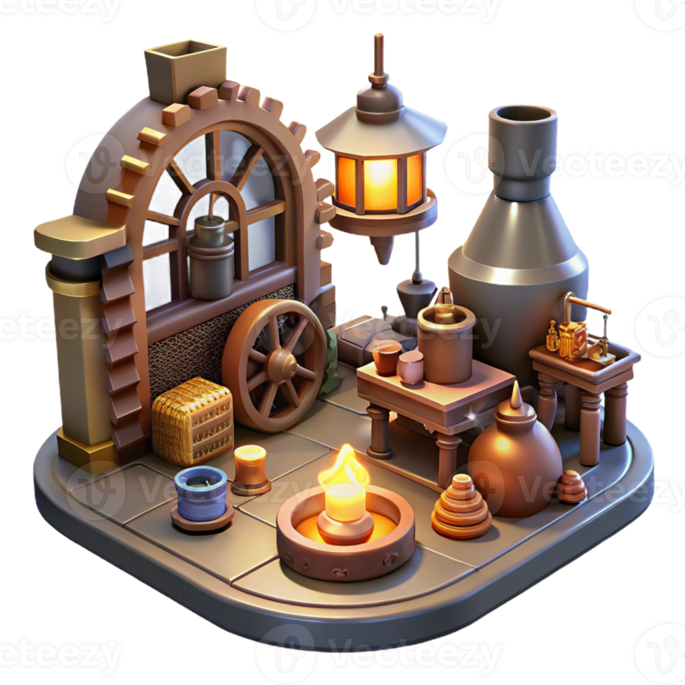 dramatic artistic A Cluttered Steampunk Workshop Filled original png