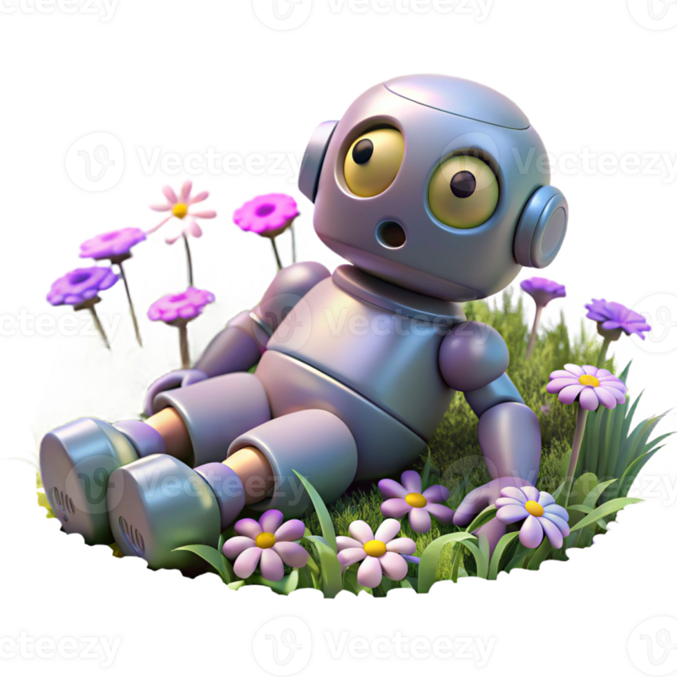 serene artistic A Broken Robot Lying in a Field of detailed png