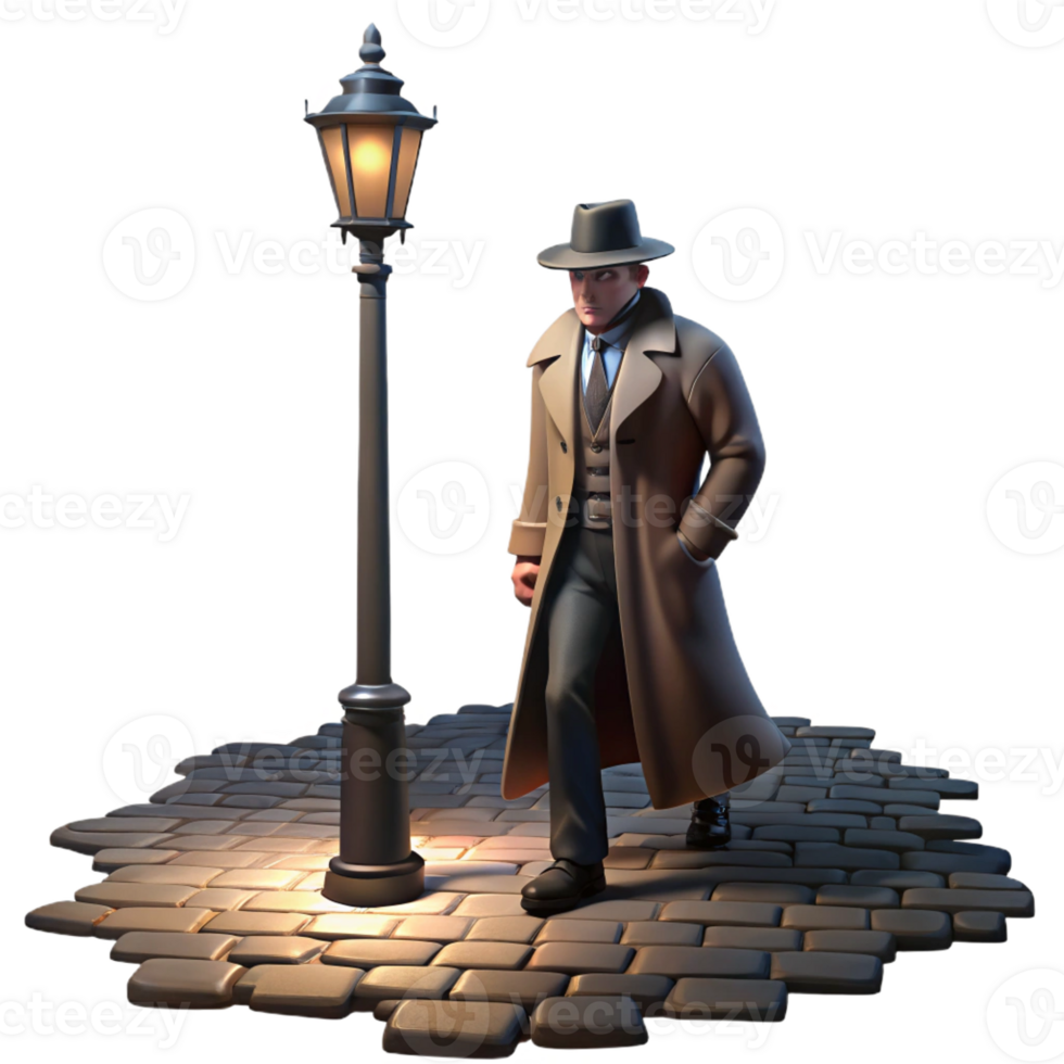 magnificent traditional A Lone Trench Coat Clad Detective with a detailed png