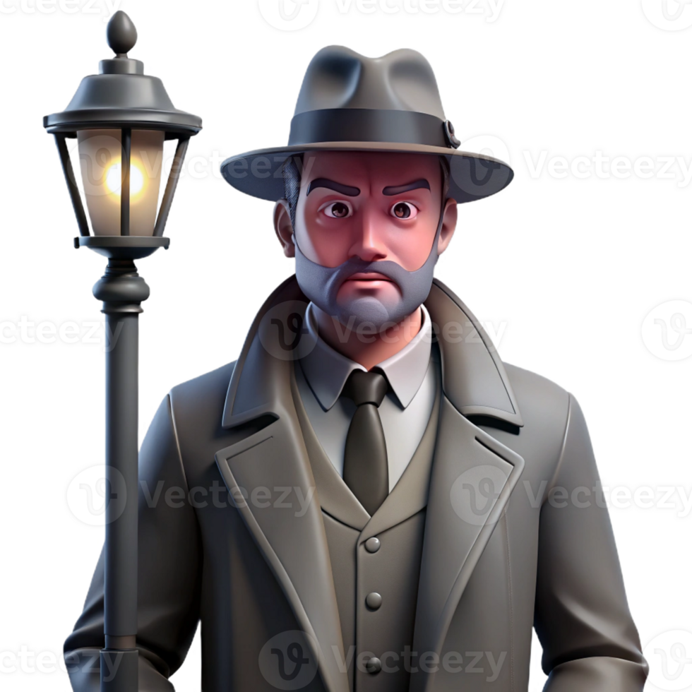 dramatic traditional A Lone Detective in a Trench Coat and premium png