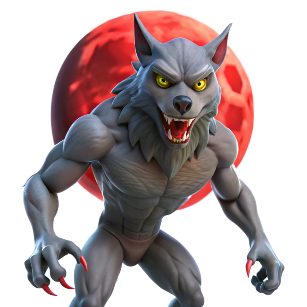 beautiful classic A fierce werewolf with glowing red eyes and sharp claws, transforming under the full moon. Terrifying, horror style exclusive png