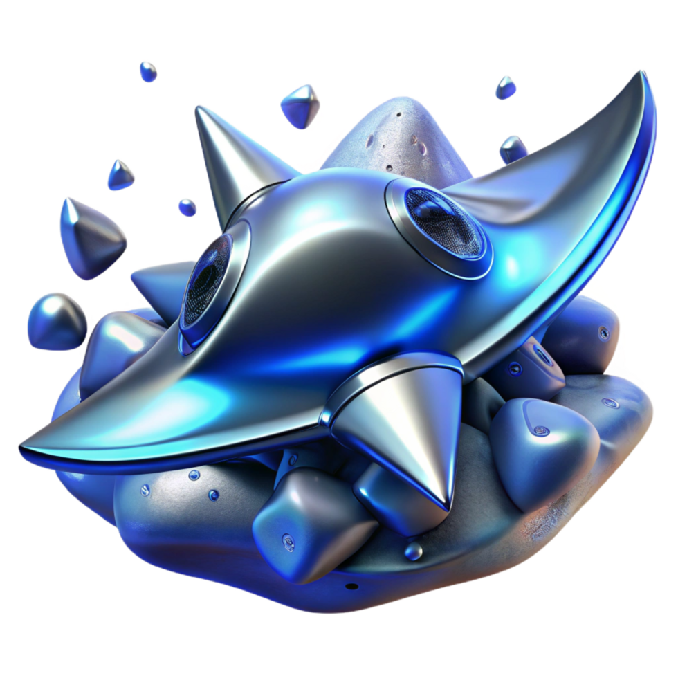 stunning modern A sleek, chrome spaceship, shaped like a manta ray, soars through a field of crystalline asteroids, bathed in the cool, blue light of a dying star. Art Deco style premium png