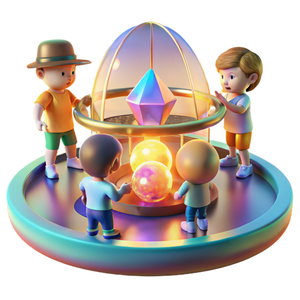 stunning classic A group of children, playing with holographic toys in a futuristic playground, illuminated by the warm, inviting light of the setting sun. Impressionist style authentic png