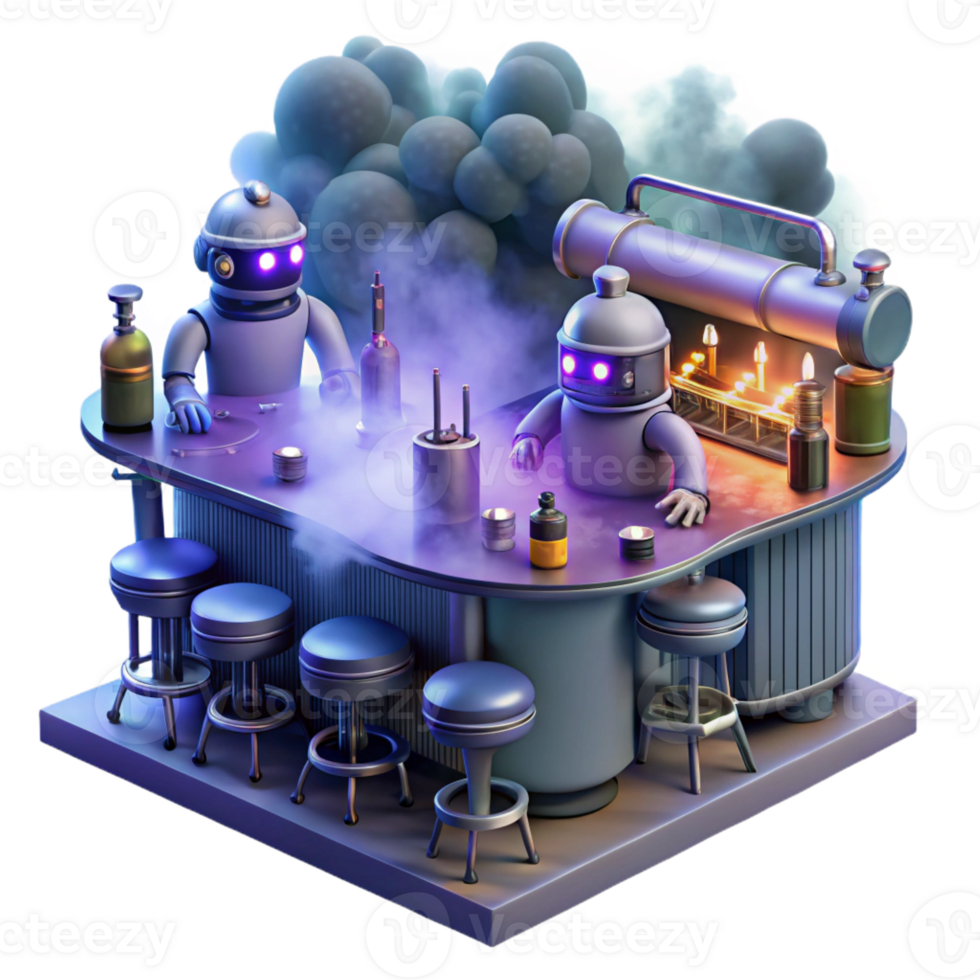 beautiful classic A Futuristic Bar Filled with Robots and detailed png