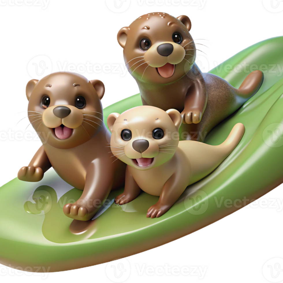 serene rustic A Family of Playful Otters Sliding Down a detailed png