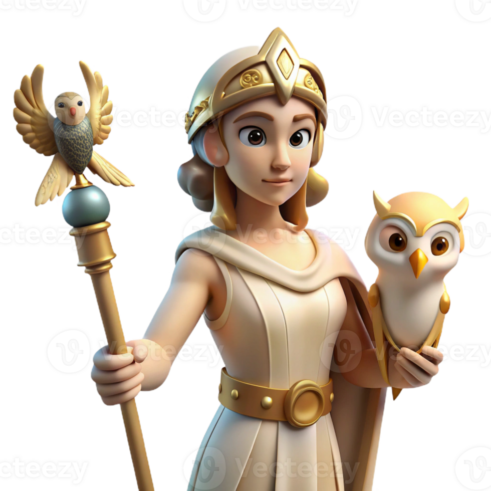 serene traditional A Wise Athena Holding an Owl and a Spear high quality png