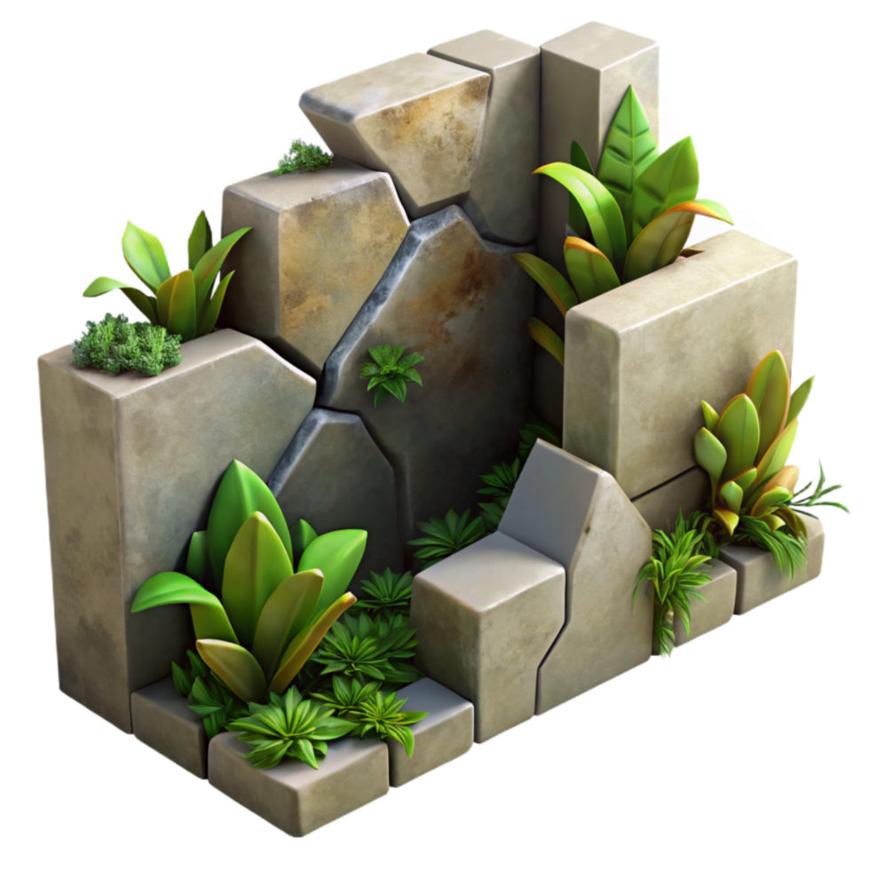 elegant traditional Broken Concrete Wall with Plants Cutout Natural Texture png