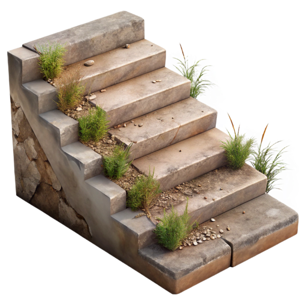 vibrant rustic Broken Concrete Steps with Weeds Isolated Natural Decay png