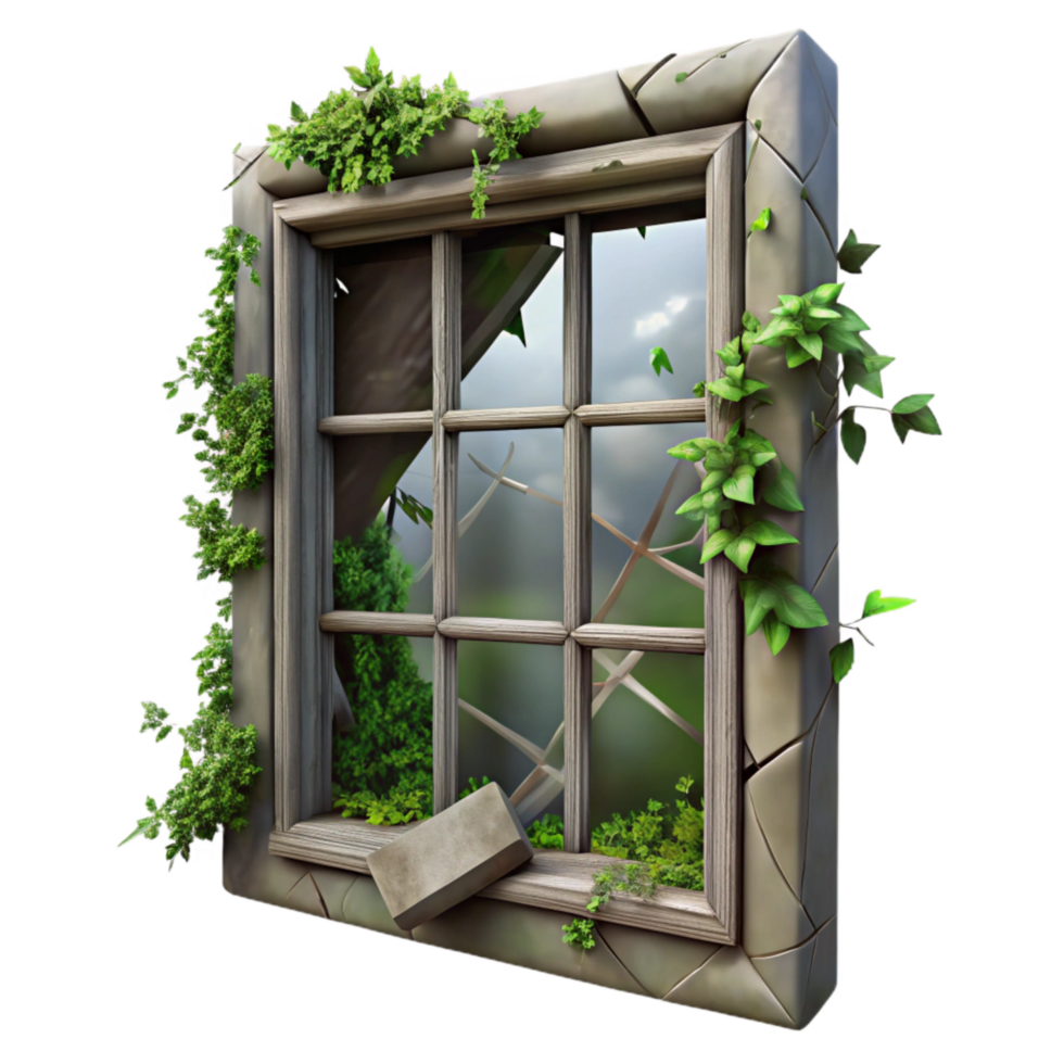magnificent vintage Broken Window with Overgrowth Transparent Background Eerie Atmosphere professional png