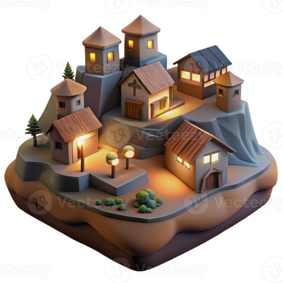 wonderful traditional Cutout Village Dusk Light Hillside Perspective professional png