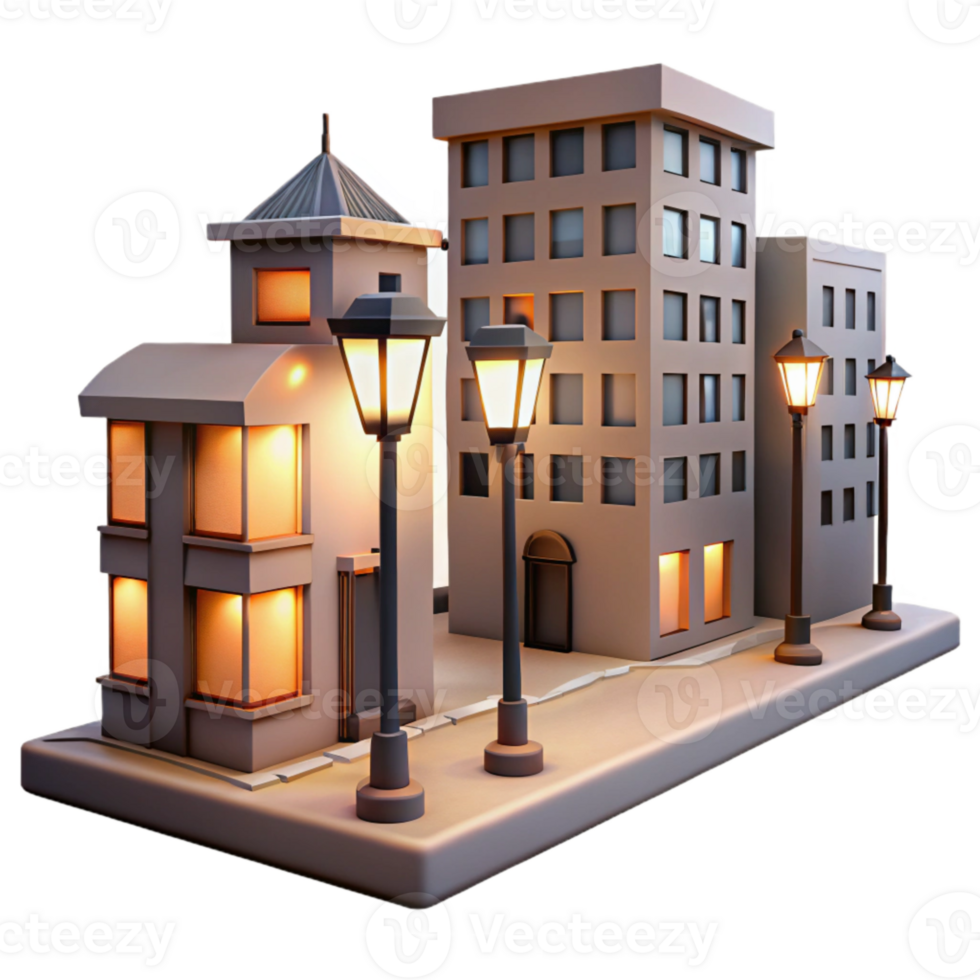 beautiful classic Downtown Buildings at Dusk Cutout with Streetlights original png