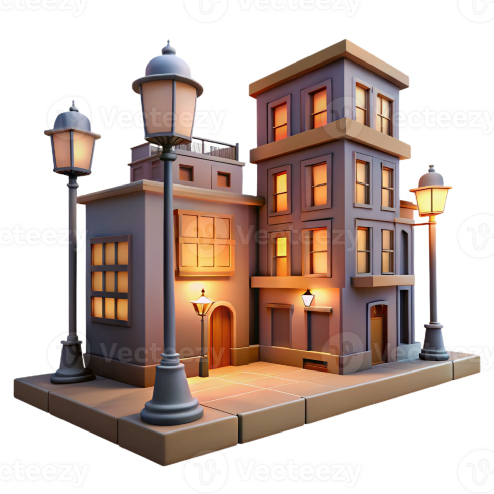 wonderful classic Downtown Buildings at Dusk Cutout with Streetlights high quality png