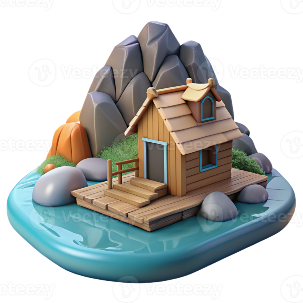 impressive creative Fjord Landscape with Wooden Cabin Isolated Element exclusive png