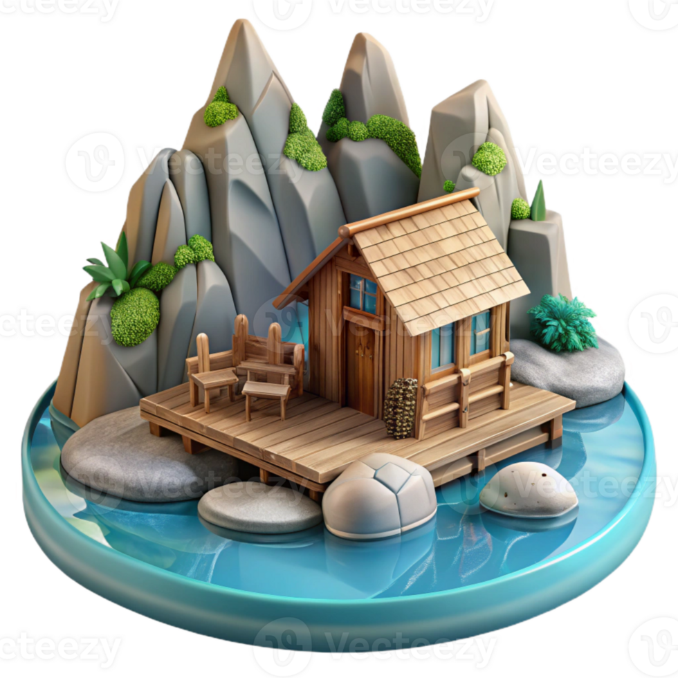 wonderful classic Fjord Landscape with Wooden Cabin Isolated Element png