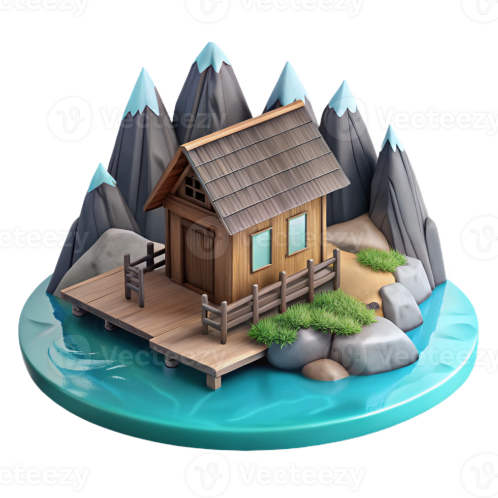 beautiful creative Fjord Landscape with Wooden Cabin Isolated Element genuine png