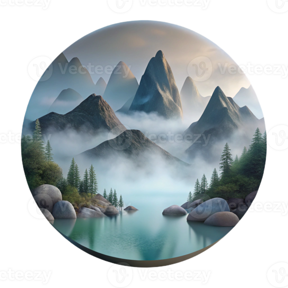 wonderful vintage Foggy Lake Mountains Cutout with Ethereal Atmosphere premium png