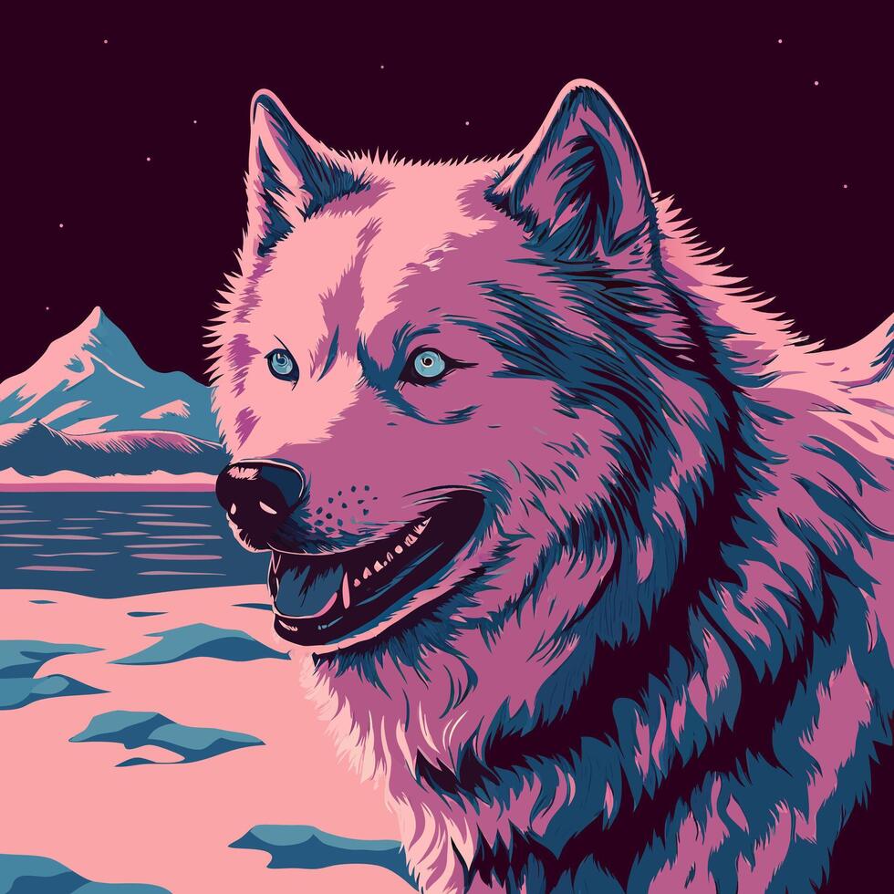Pink Arctic Wolf Night Landscape Art vector