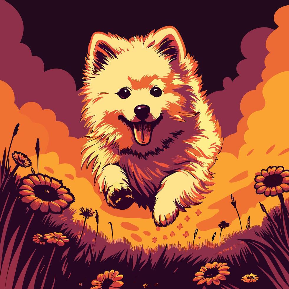 Happy Pomeranian Puppy Jumping in Flowers vector