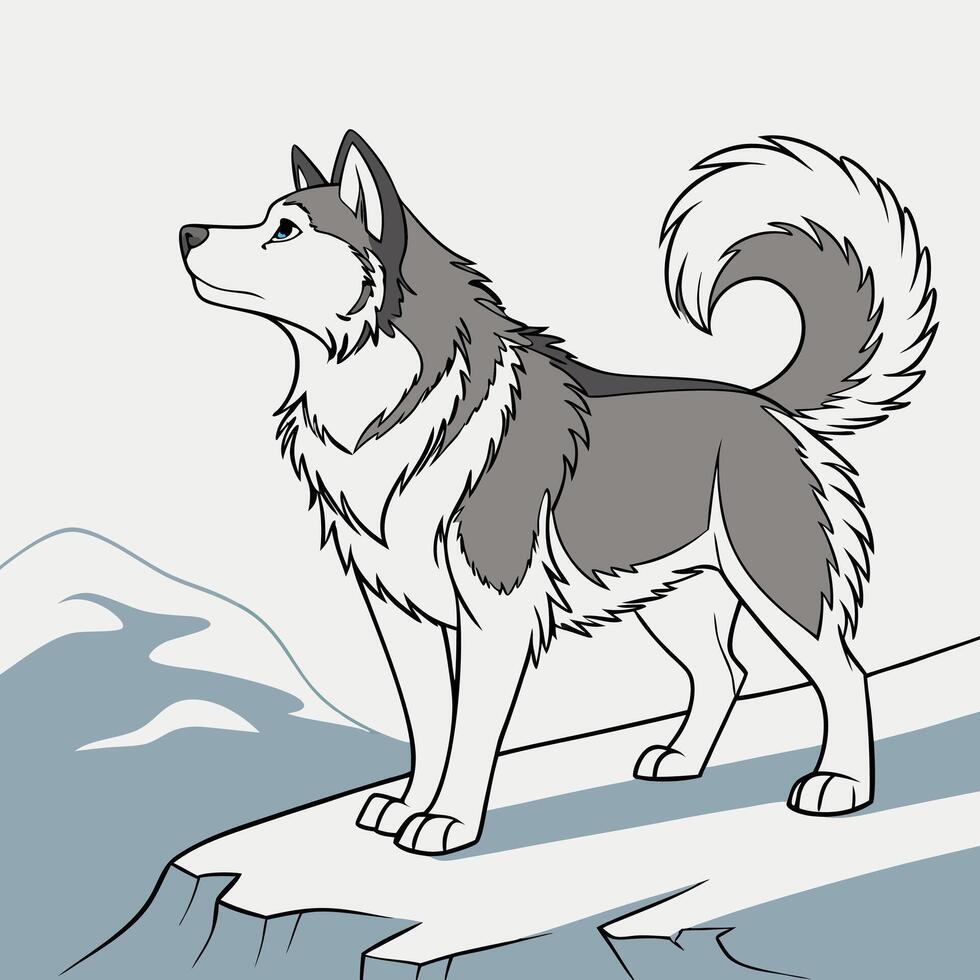 Husky Dog on Mountaintop, Cartoon Style vector