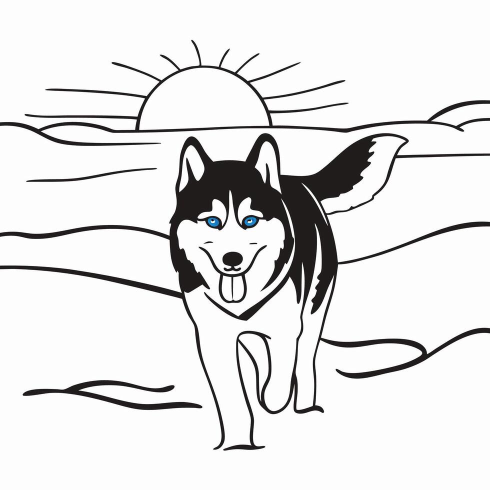 Siberian Husky at Sunset, Line Art vector