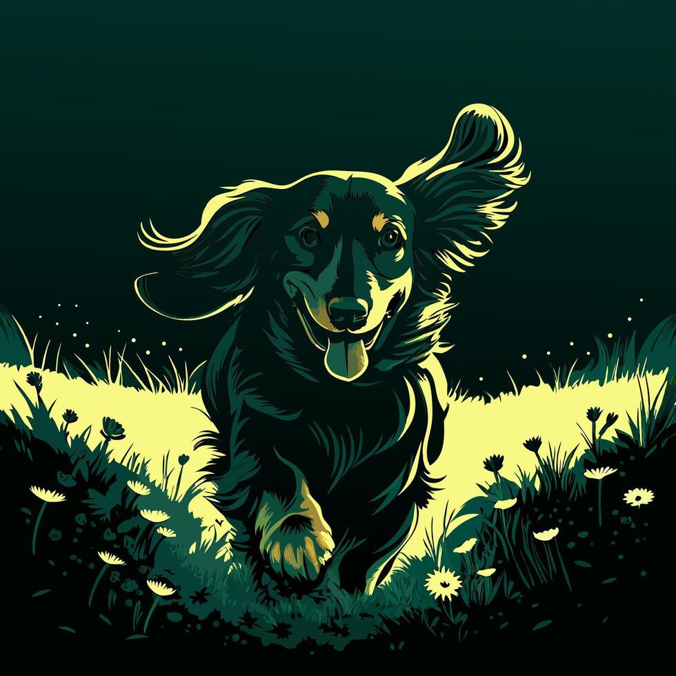 Happy Dog Running in Field at Night vector