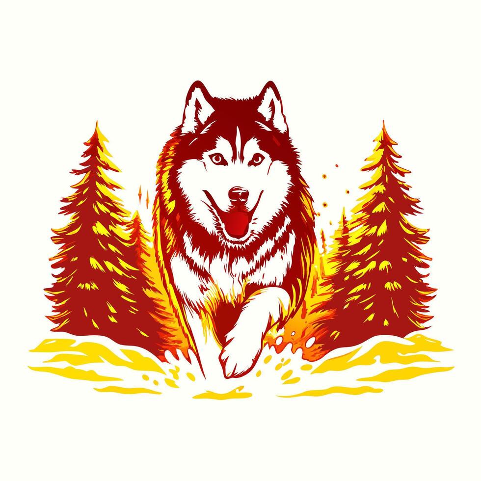 Husky Running Through Fire and Forest vector